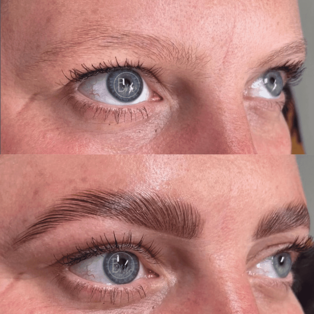 Close-up of blue eyes showing eyebrows before and after a microblading procedure.